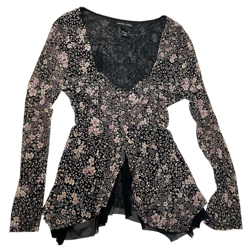 New York & Company Sheer Black Floral Sweetheart Neckline 90s Y2K boho top